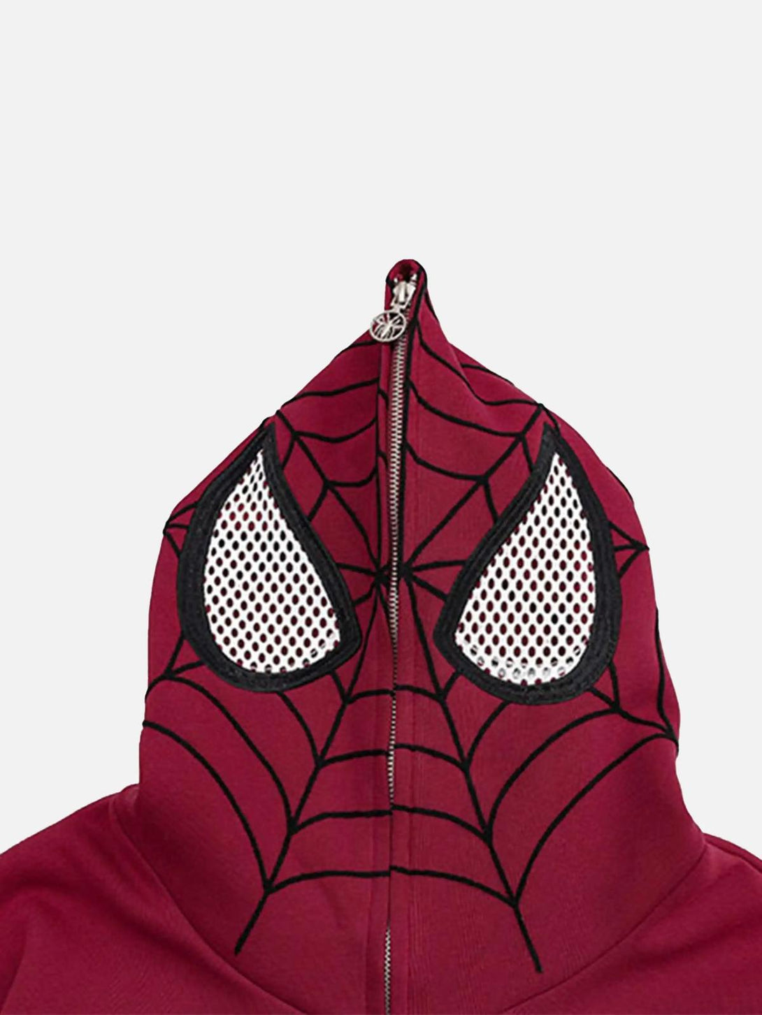 A detailed view of the TALISHKO hoodie with spider-themed embroidery and mesh eye accents.