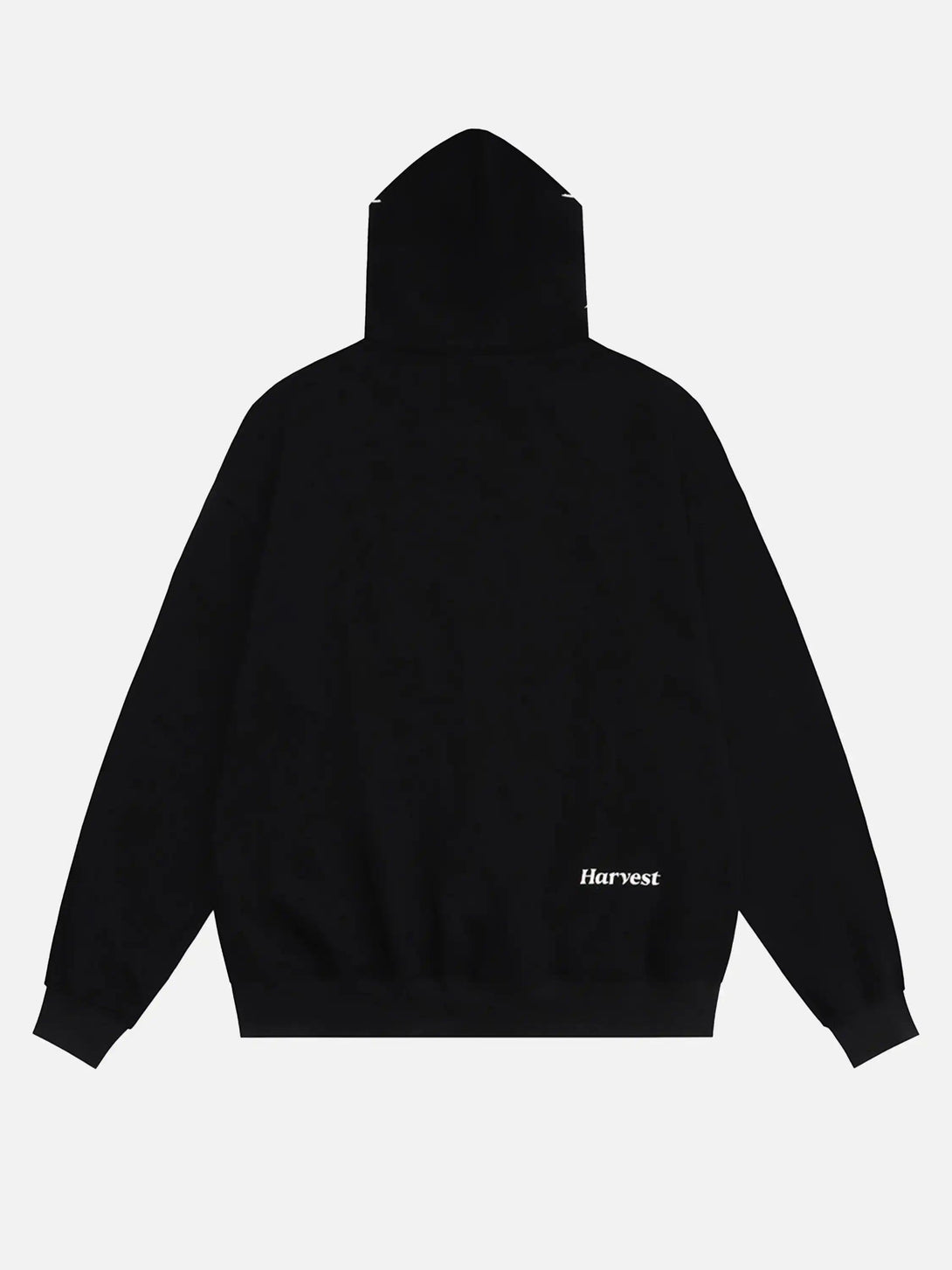 Back view of a black TALISHKO hoodie with subtle "Harvest" logo detail on the hem.