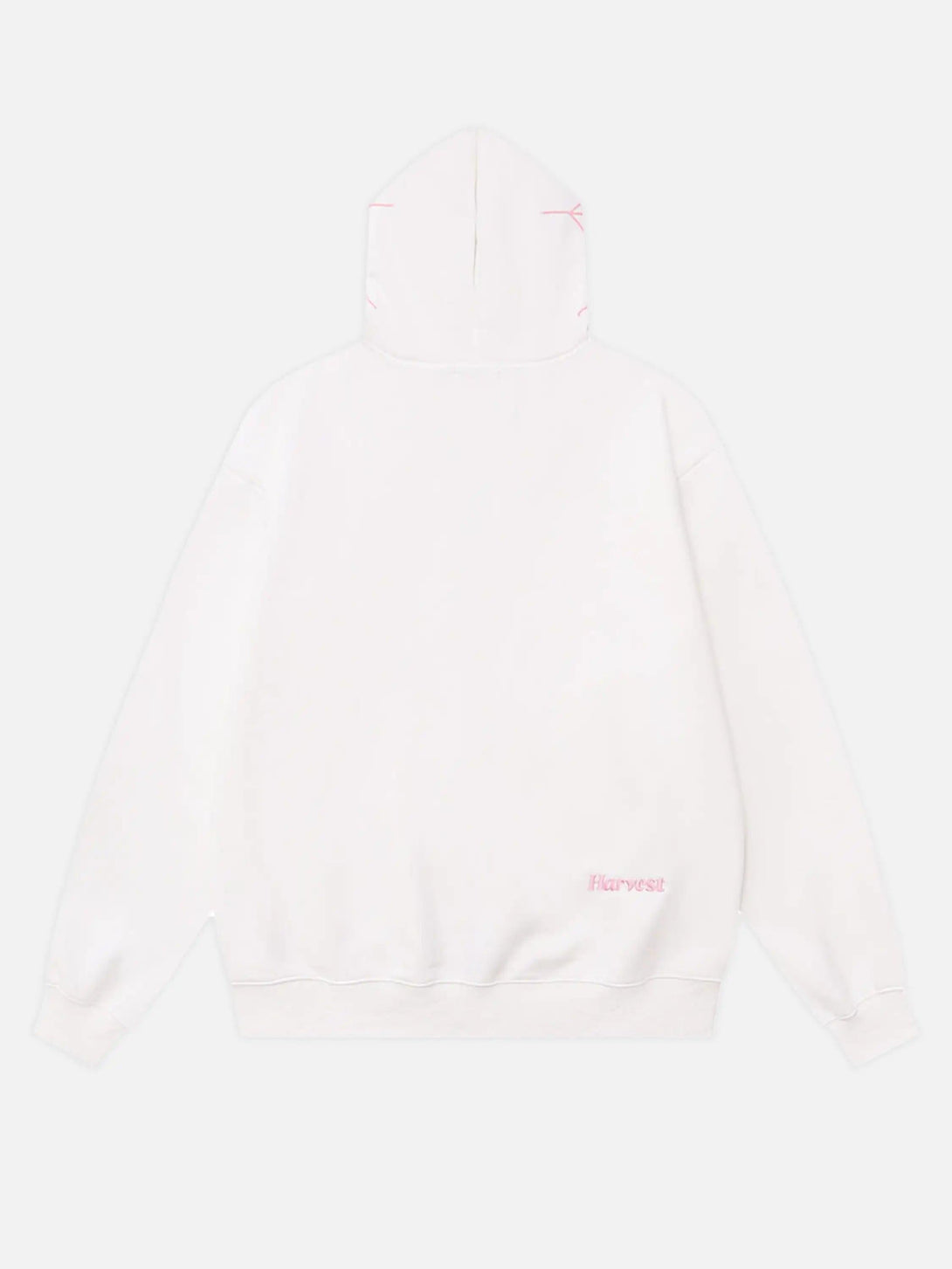 Back view of a white TALISHKO hoodie with minimal design and subtle pink detailing.