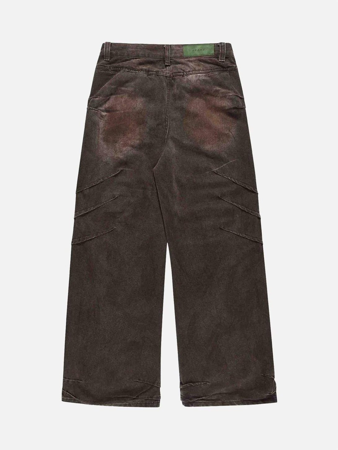 Back view of TALISHKO's washed jeans, highlighting rugged street fashion with industrial details.