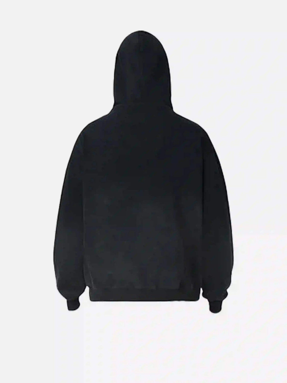 Back view of a black hooded hoodie by TALISHKO, showcasing a minimalist streetwear style.