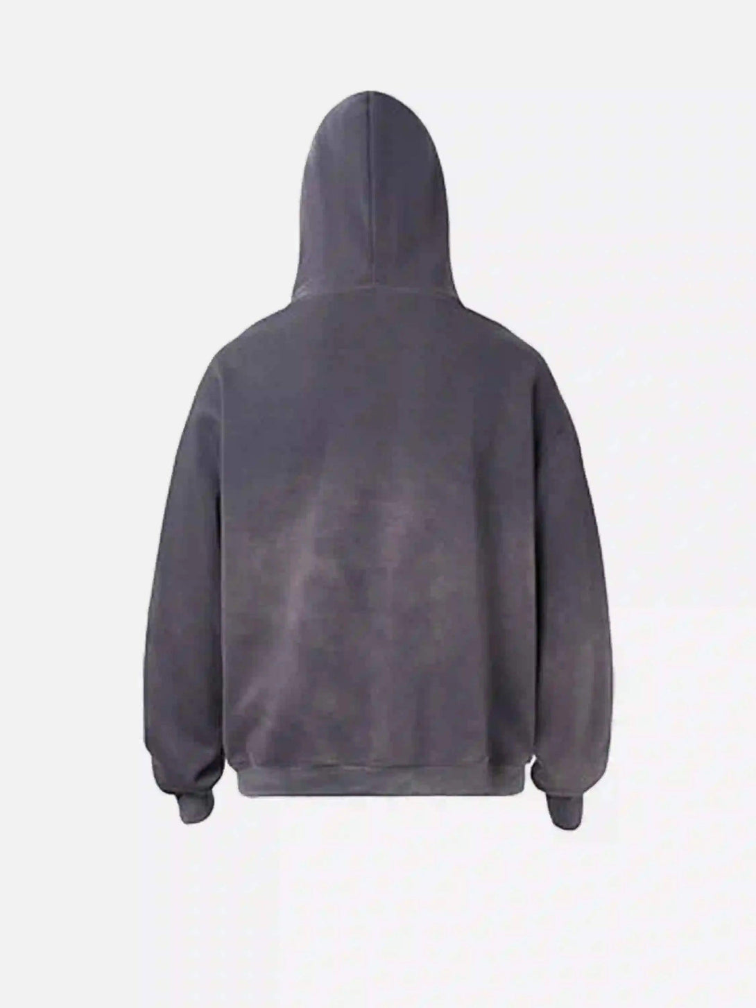 Back view of a gray hooded hoodie by TALISHKO, offering a relaxed and cozy streetwear vibe.