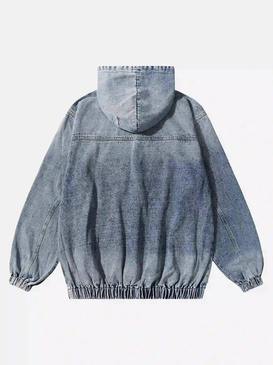 Back view of TALISHKO gradient denim hoodie, showcasing relaxed fit and hooded design.