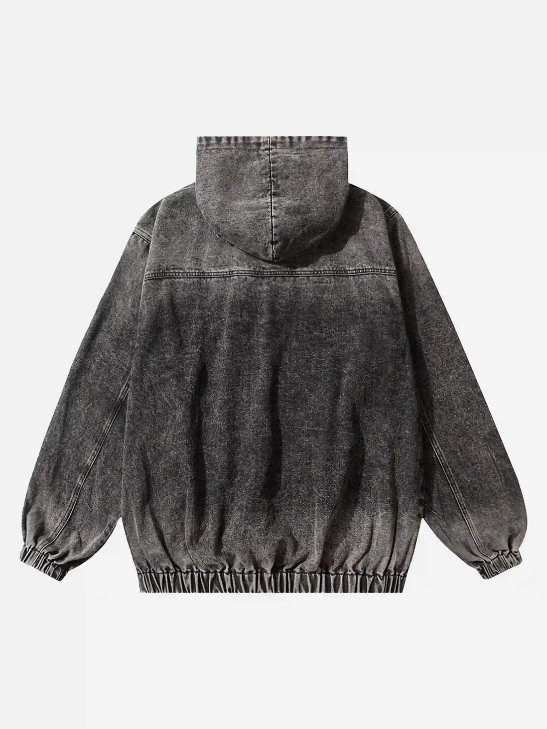 Back view of TALISHKO's gradient denim hoodie, highlighting the hood and elastic hem.