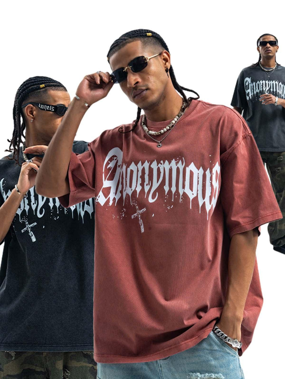 Model showcasing TALISHKO Gothic T-shirt in red, featuring bold lettering and cross design.
