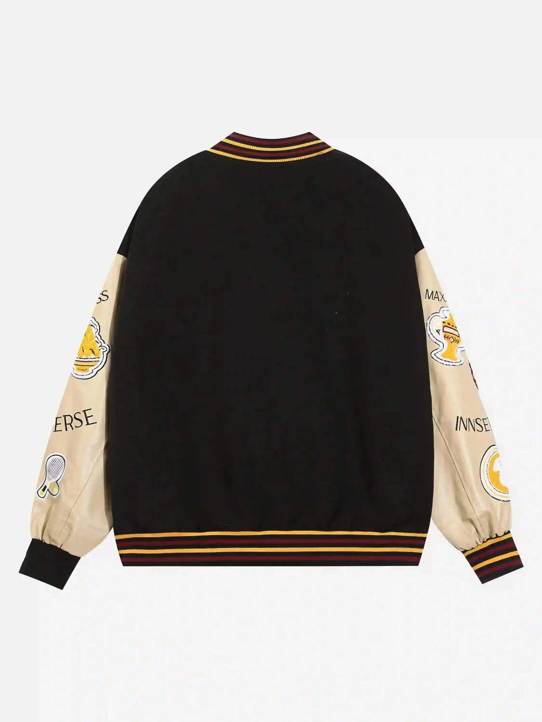 Back view of TALISHKO's retro baseball jacket with tan sleeves and embroidered patches.