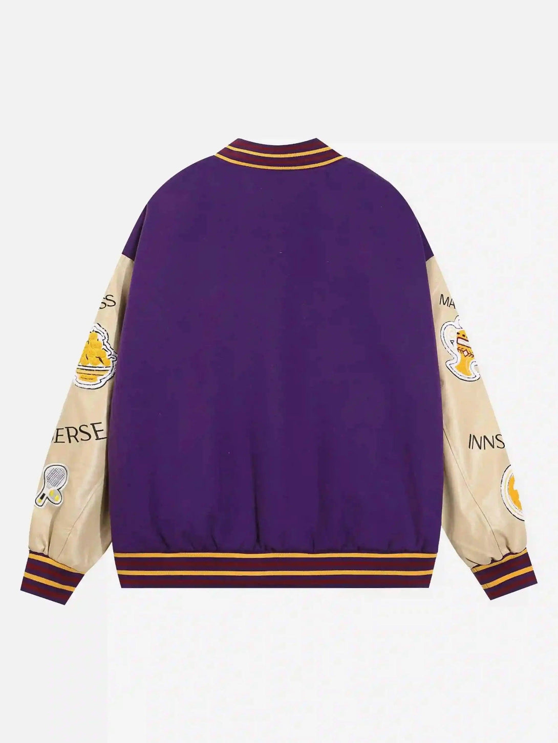 Back view of TALISHKO's retro baseball jacket in purple with colorful sleeve embroidery.