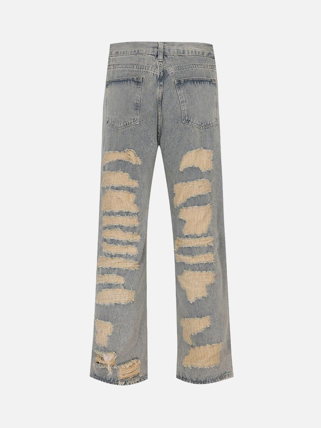 Back view of TALISHKO's American street ripped jeans, showcasing bold distressed details.