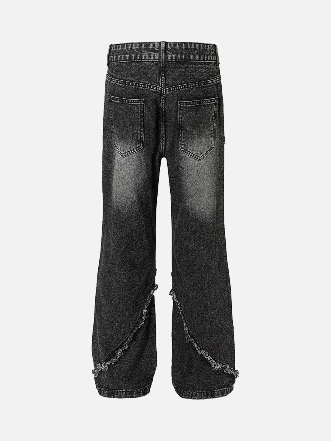 Back view of TALISHKO jeans showcasing frayed seam details and a relaxed fit for street style.