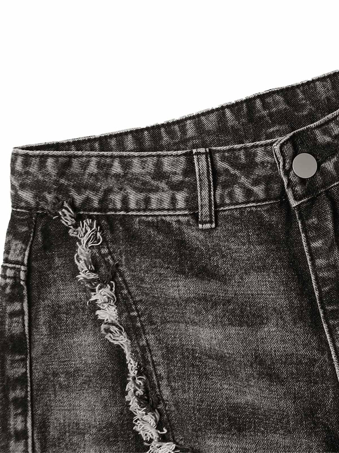 Focusing on the distressed texture of TALISHKO jeans, highlighting edgy American street style.