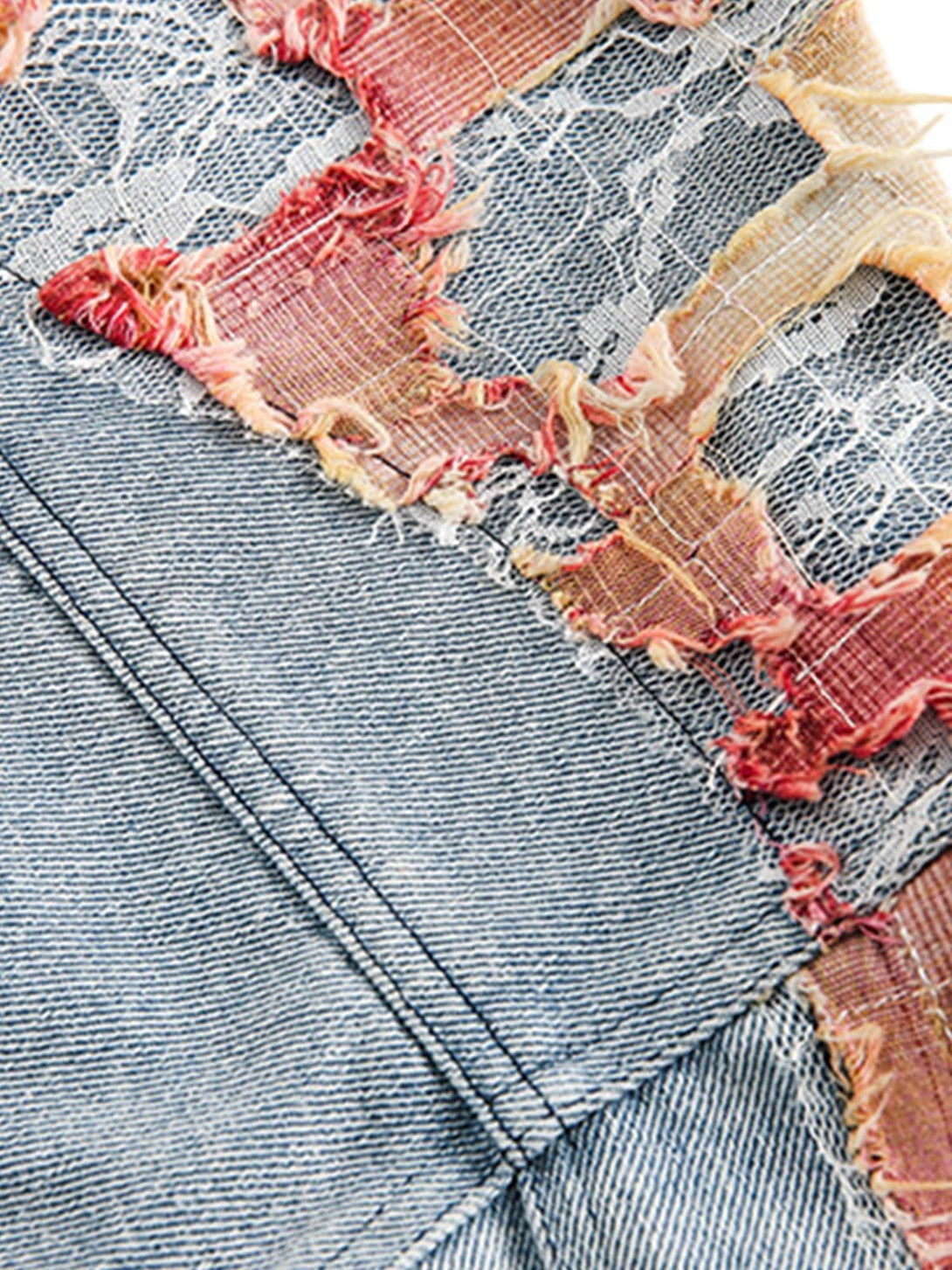 Intricate look at TALISHKO denim jacket's lace patchwork, highlighting unique street style.
