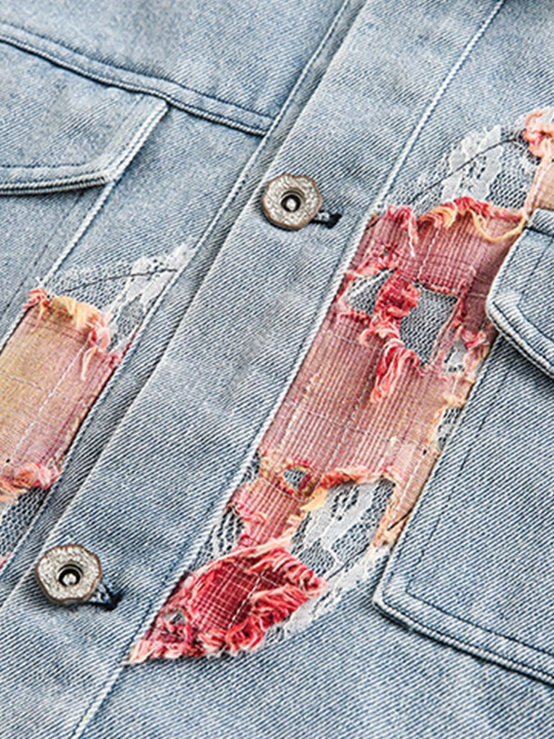 A close-up of TALISHKO denim jacket, showcasing intricate lace patchwork and button details.