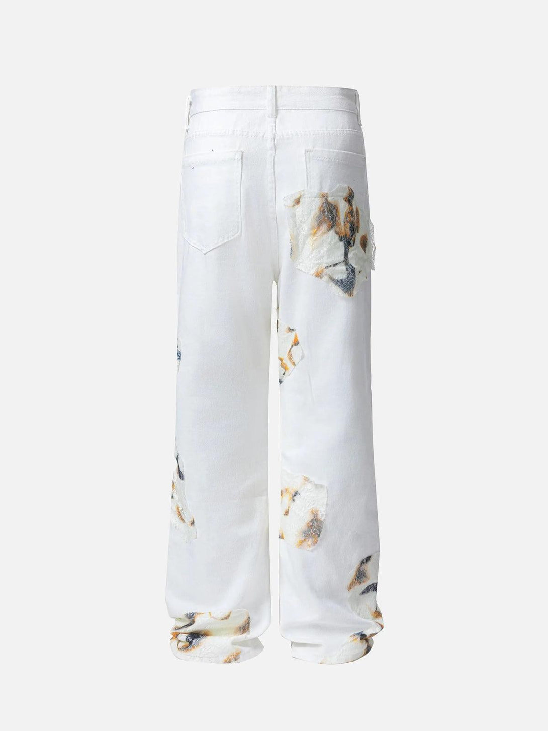 Back view of white patch jeans by TALISHKO, featuring unique street-style patchwork design.