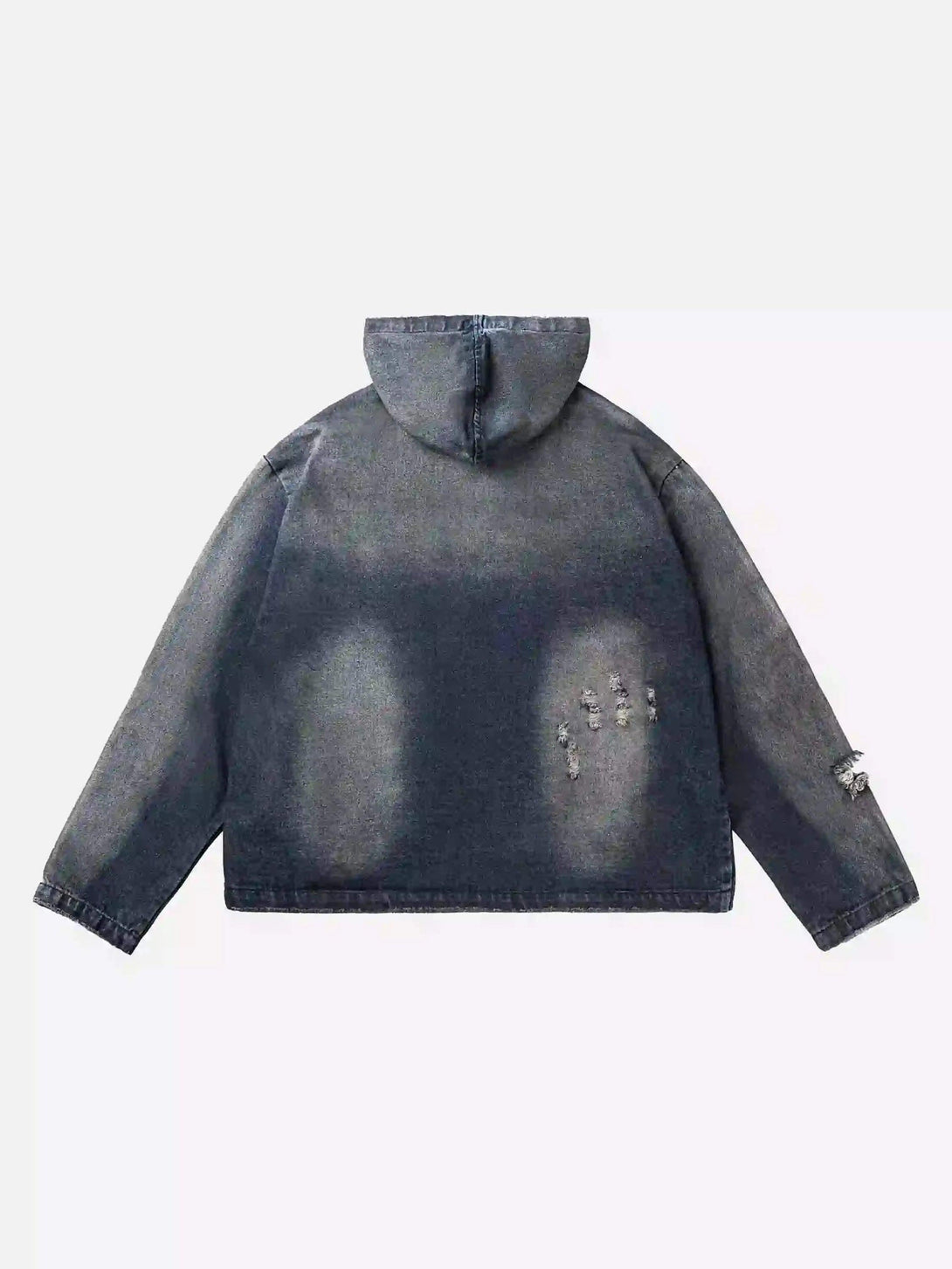 Back view of a distressed denim hoodie by TALISHKO, showcasing a retro American street style.