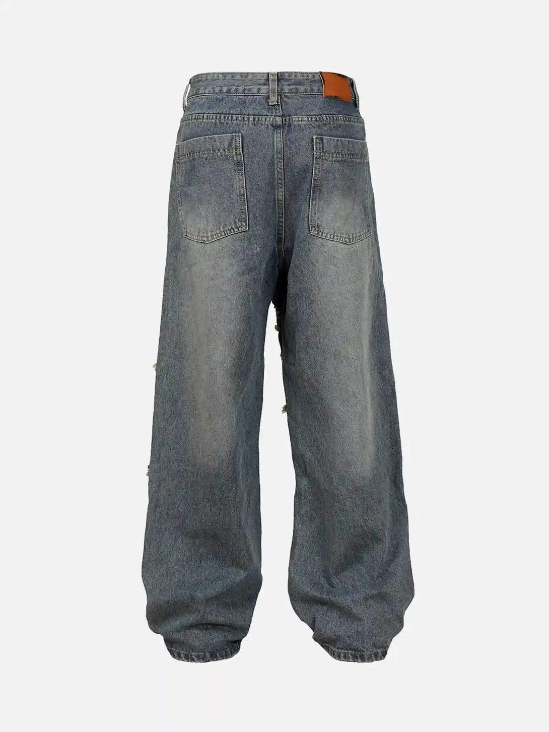 Back view of TALISHKO American street style washed distressed jeans in a relaxed fit.