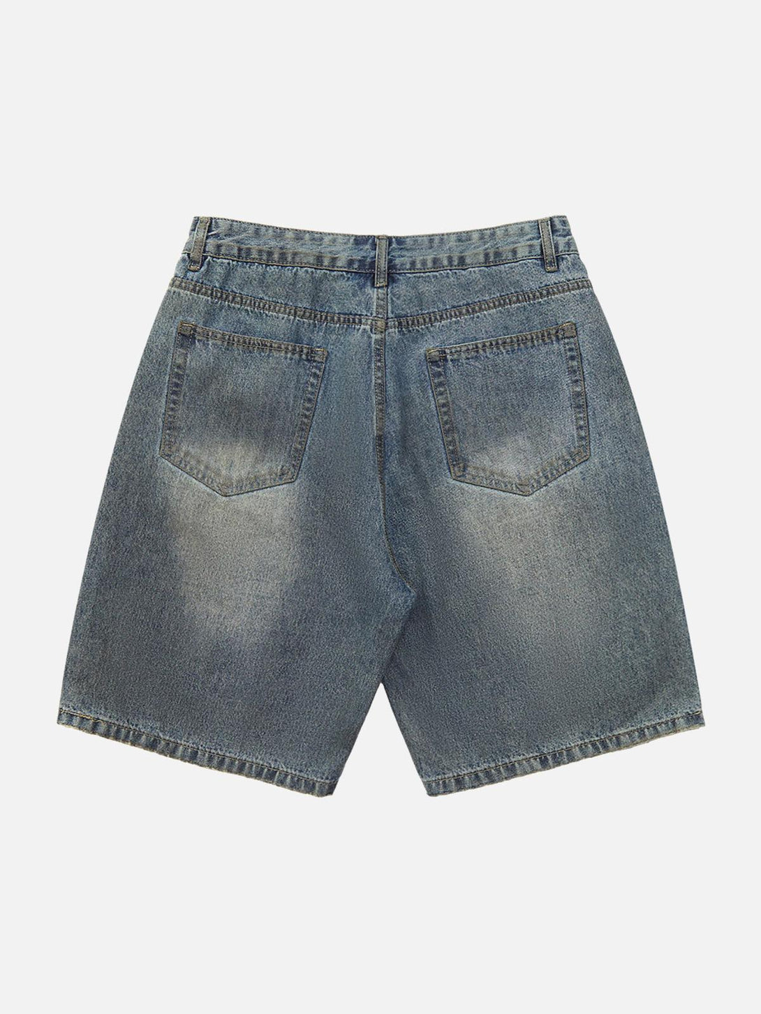 Back view of TALISHKO washed distressed denim shorts, embodying relaxed street style.