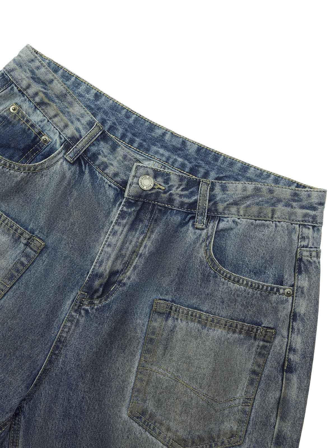 Detailed fabric and stitching of TALISHKO washed distressed shorts, showcasing a casual street vibe.