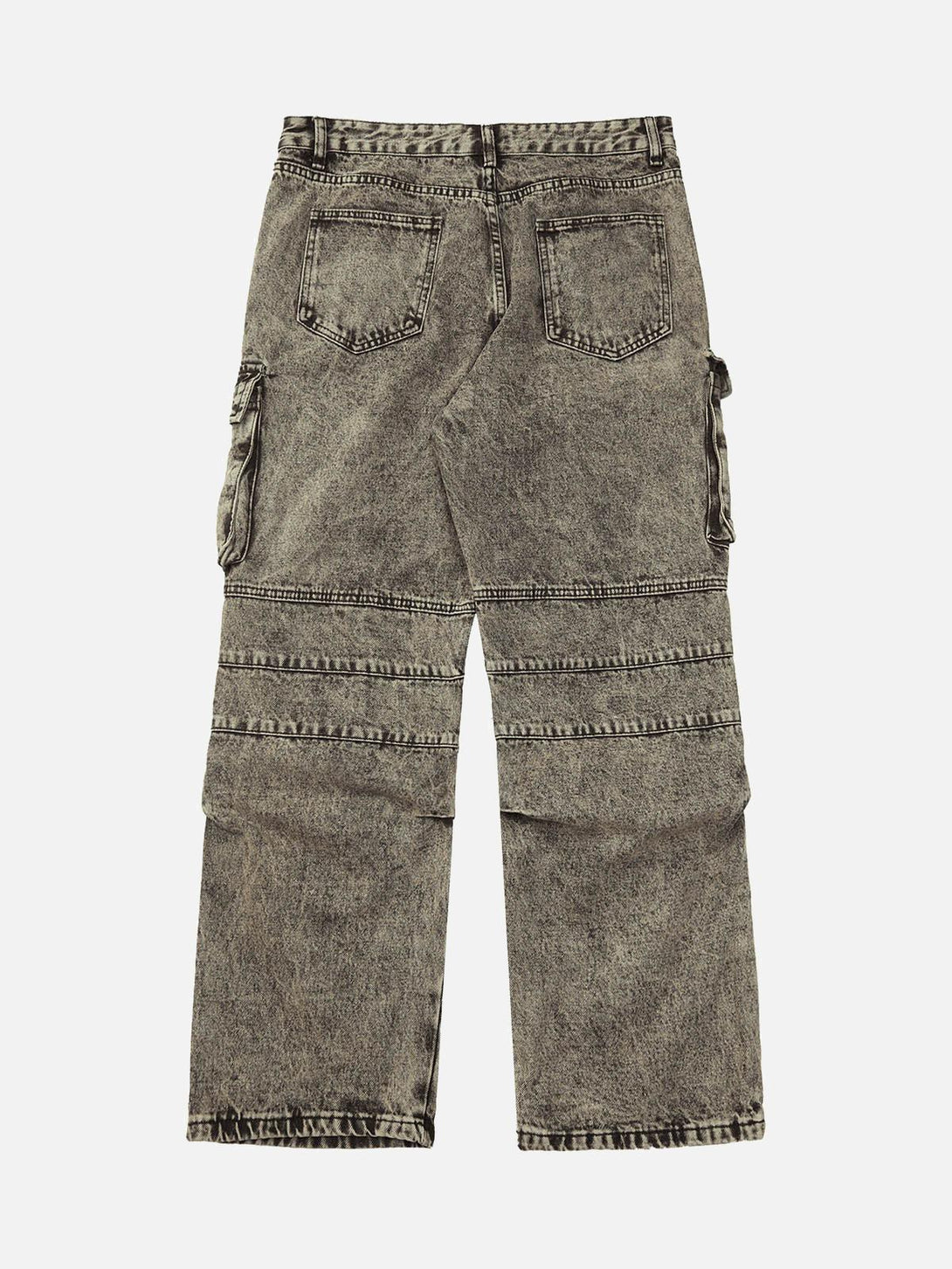 Back view of TALISHKO distressed work jeans highlighting rugged design and cargo pockets.