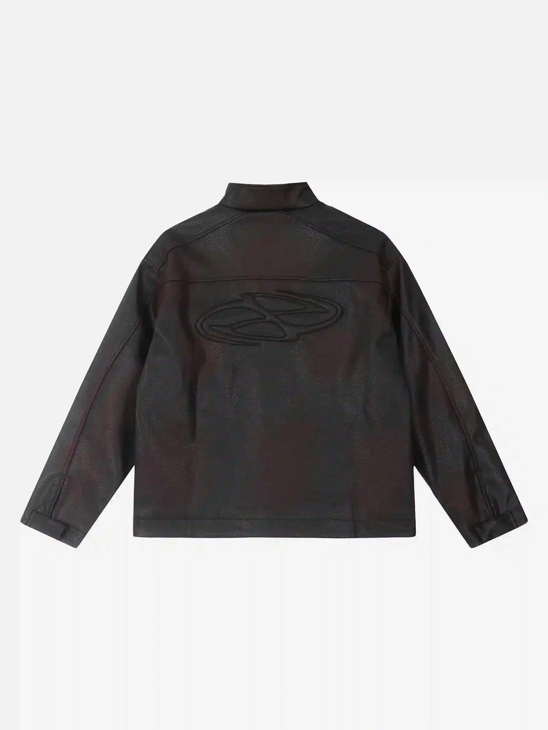 Back view of a black motorcycle jacket by TALISHKO with 3D embroidery details.