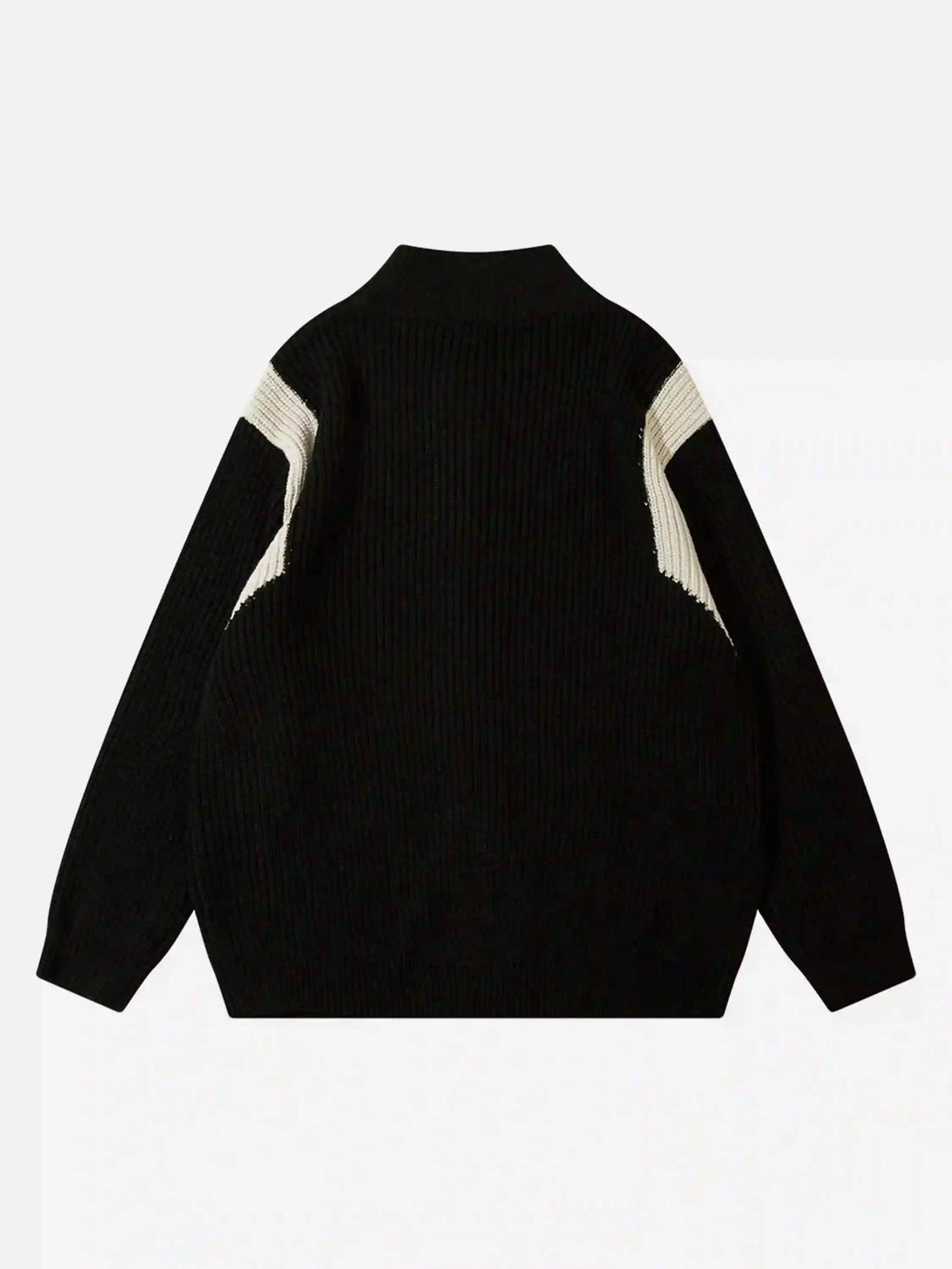 Back view of a black color-blocking cardigan by TALISHKO, showcasing stylish ribbed texture.