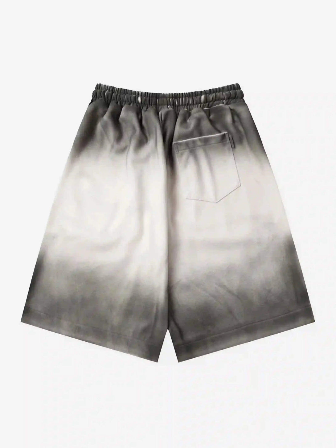 Back view of TALISHKO gradient print shorts, showcasing a relaxed fit with a pocket detail.