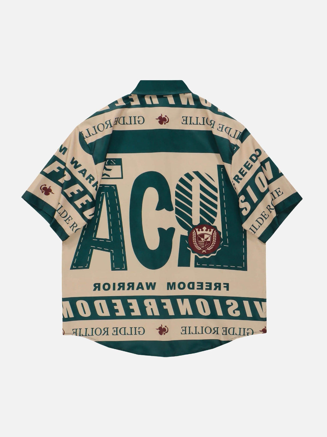 Back view of a TALISHKO vintage print shirt with bold typography and graphic elements.