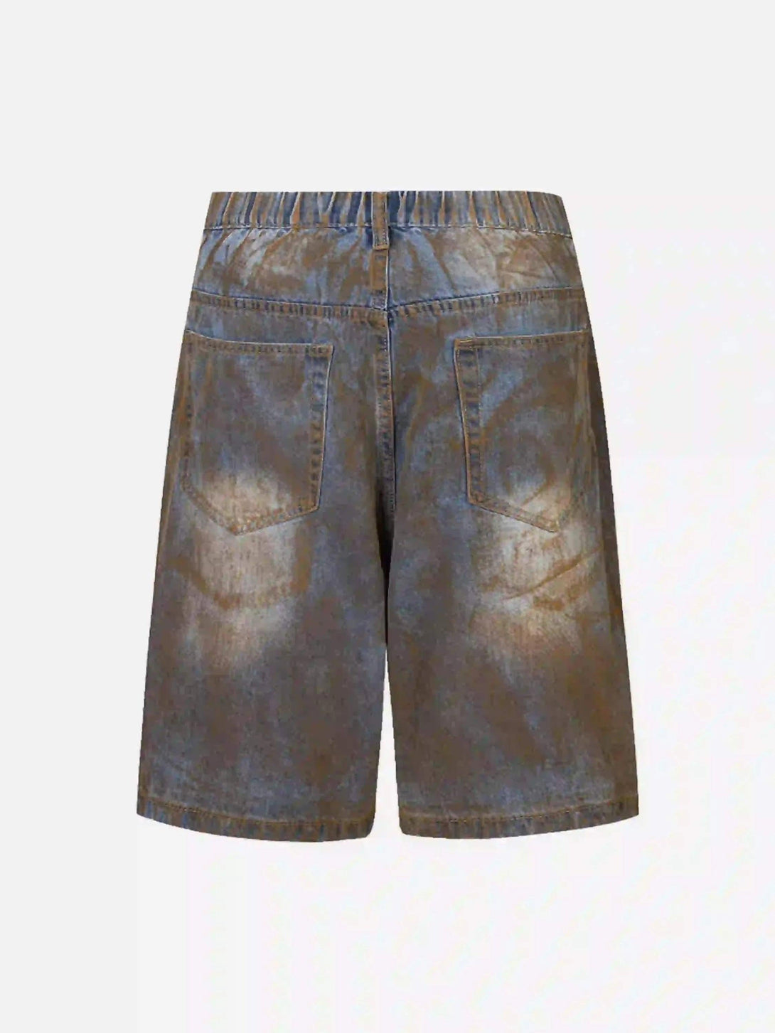 Back view of wide-leg denim jorts by TALISHKO, featuring a distinctive wasteland style.