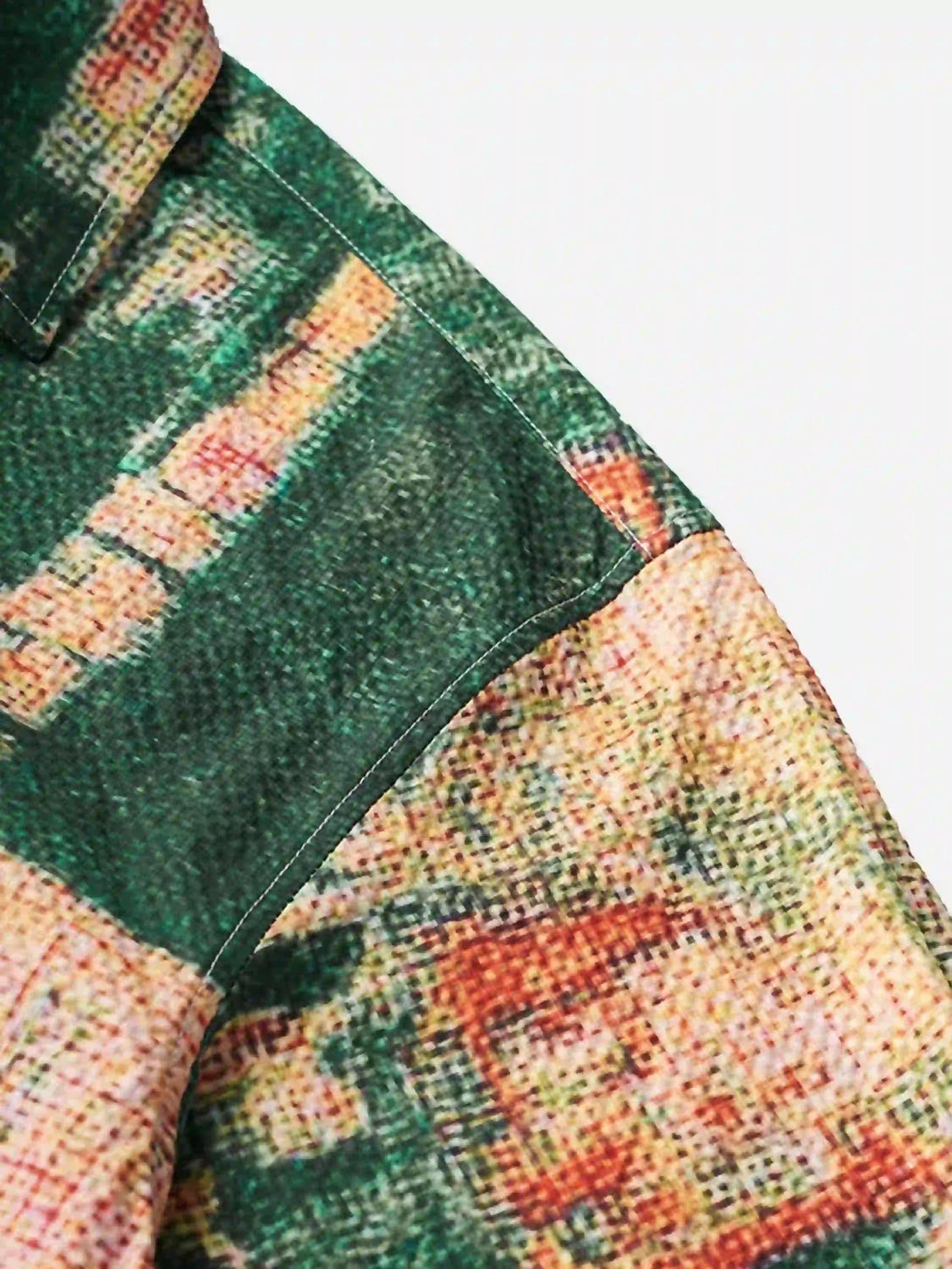 Intricate look at TALISHKO's seersucker shirt, showcasing detailed abstract patterns and texture.