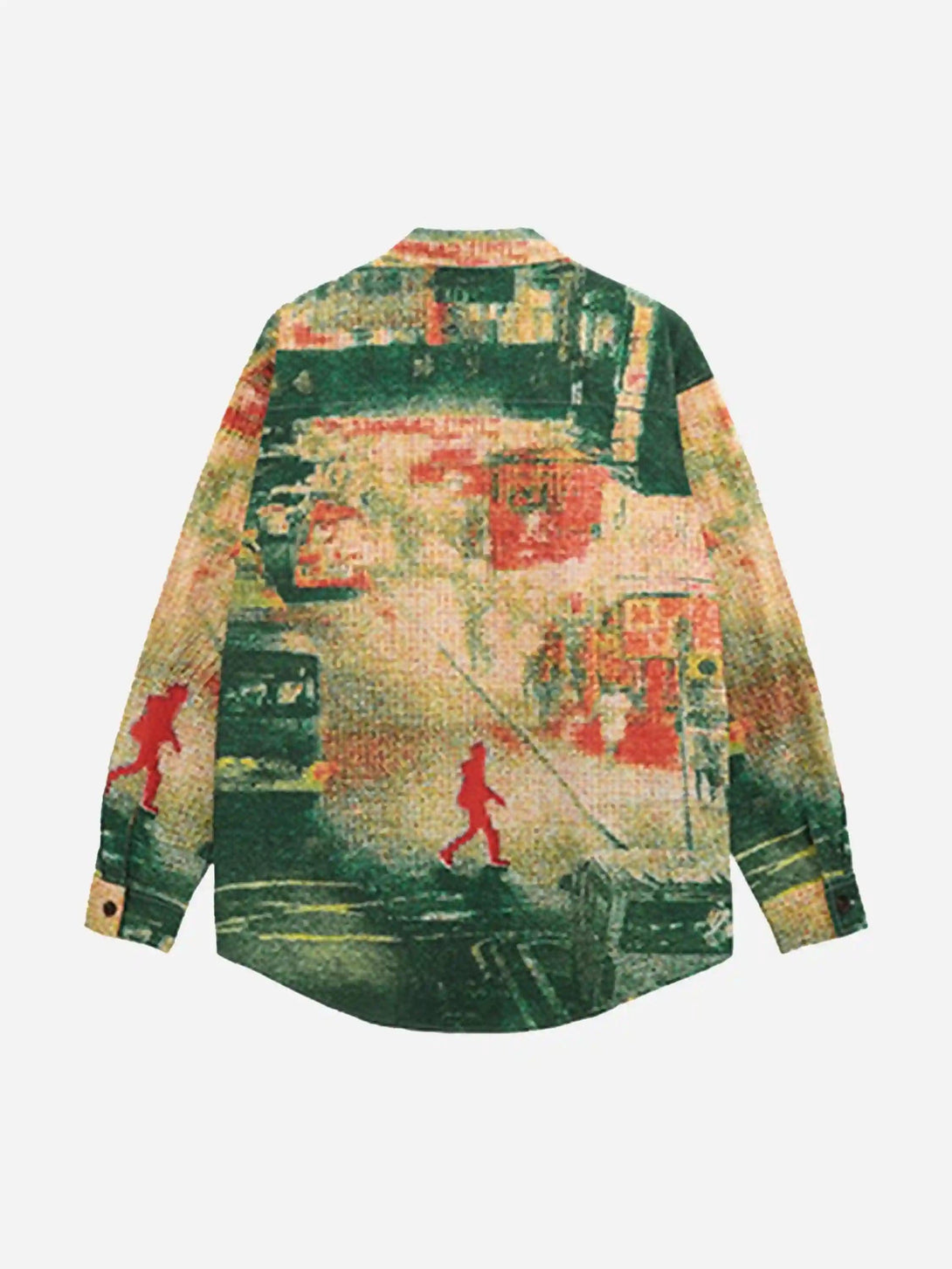 Back view of TALISHKO seersucker shirt showcasing abstract urban print and rich colors.