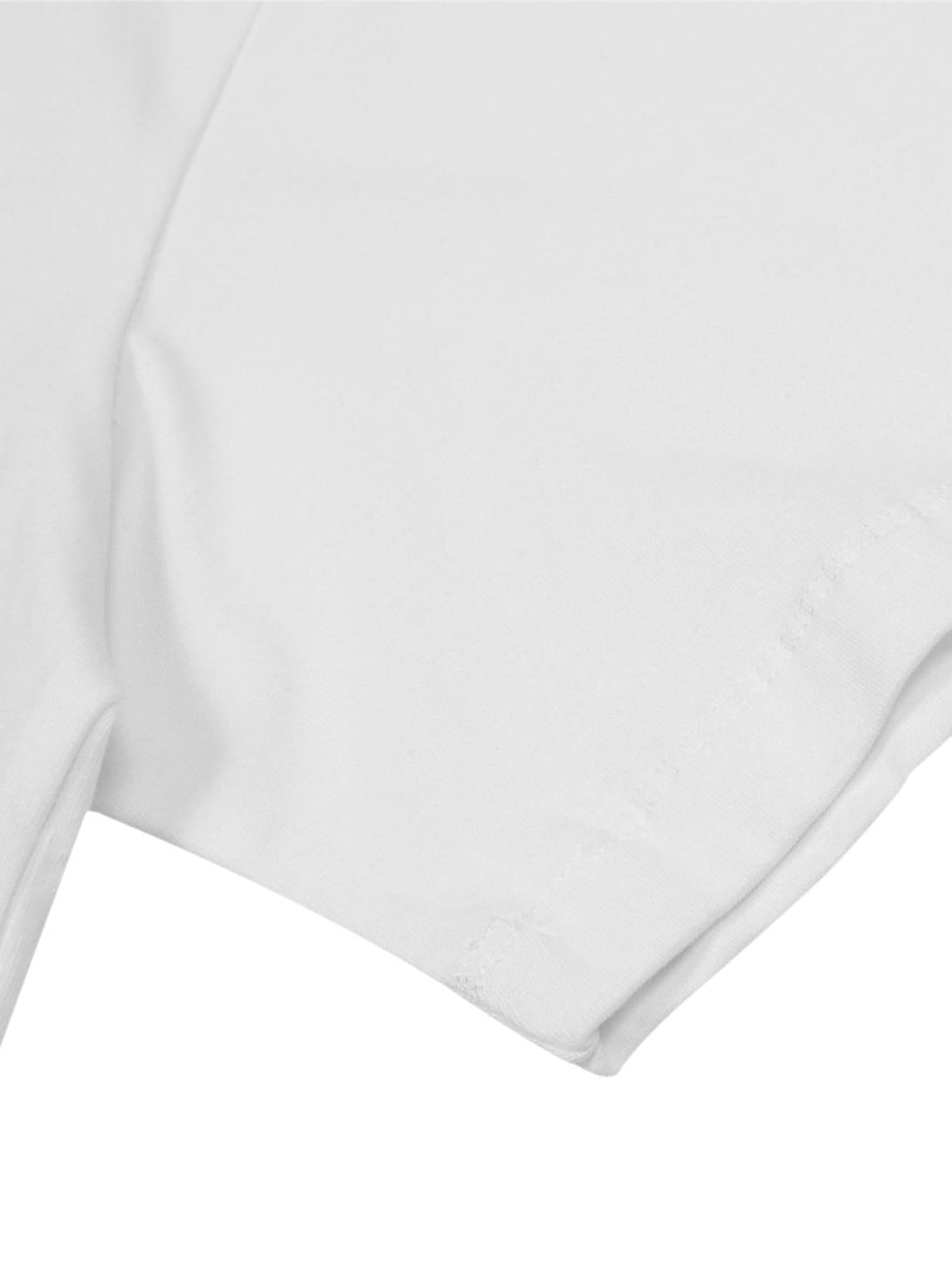 Detailed fabric and stitching on a white TALISHKO round-neck T-shirt, emphasizing quality craftsmanship.
