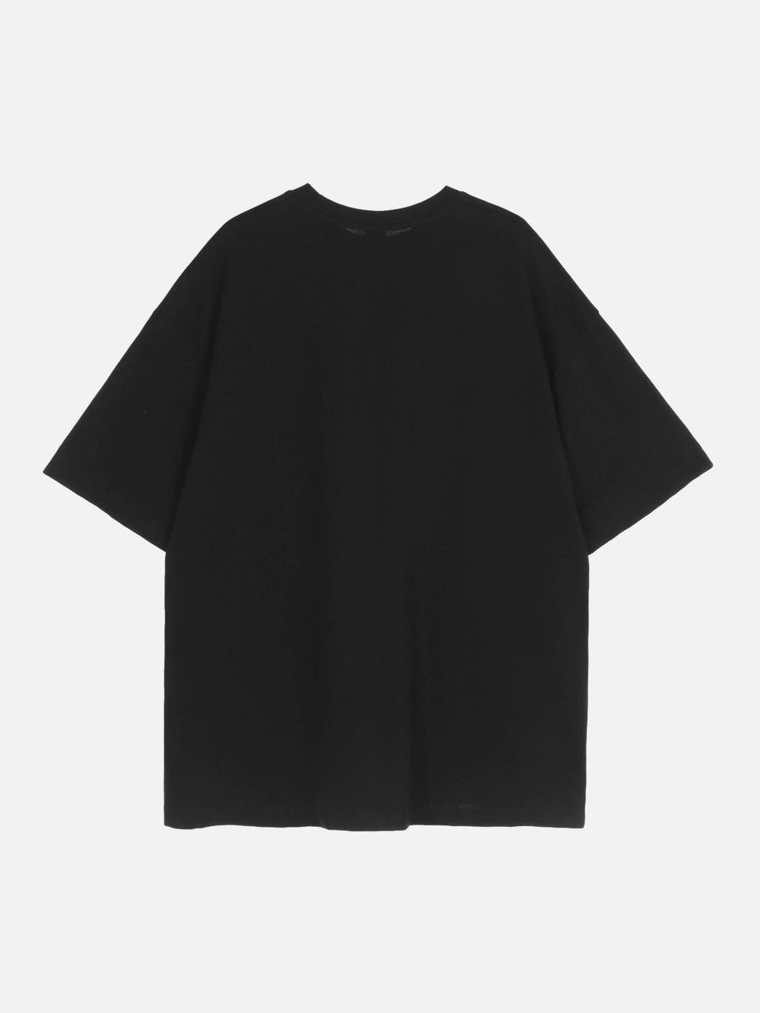 Back view of a black round-neck T-shirt by TALISHKO, showcasing its relaxed fit and style.