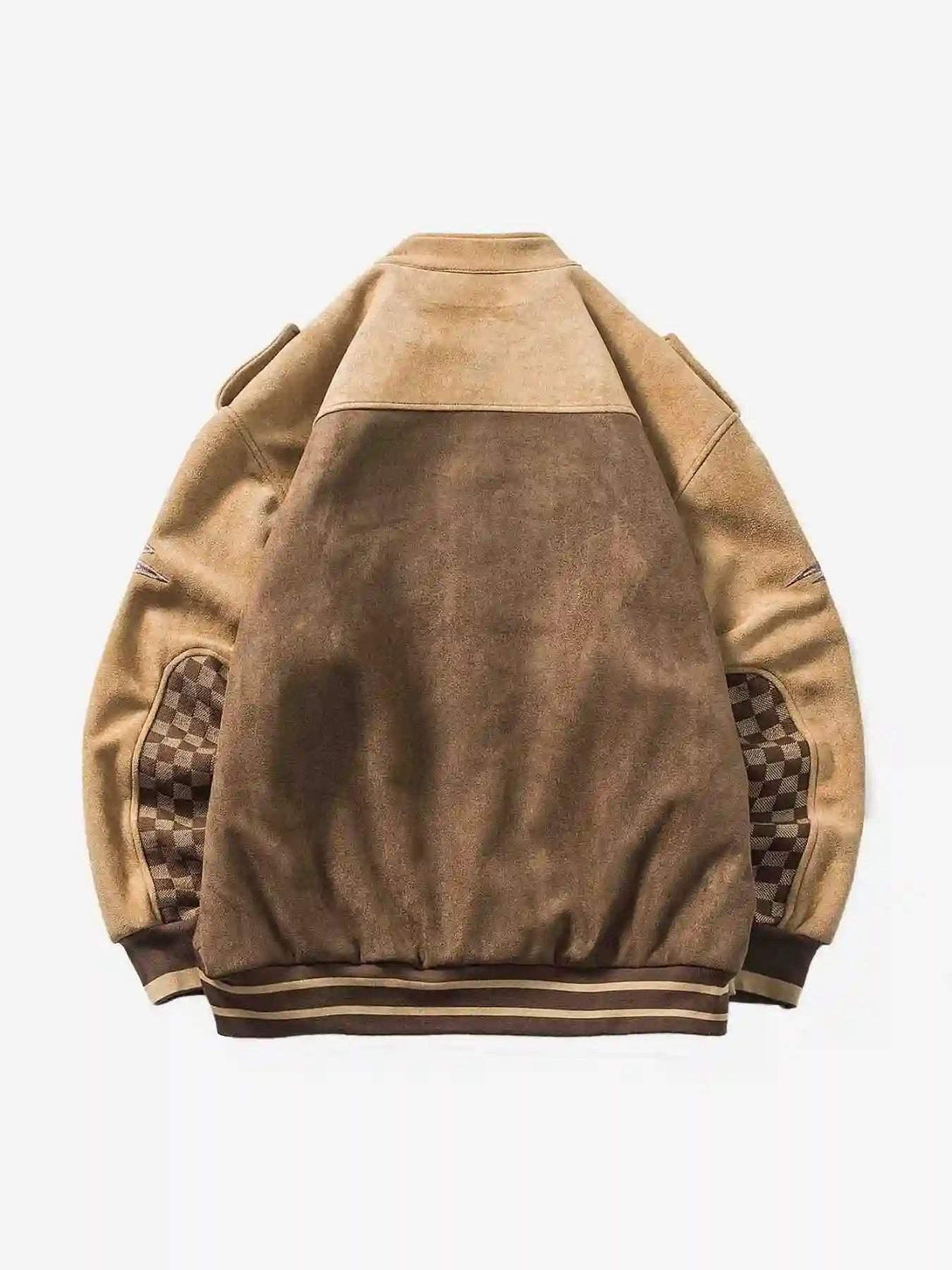 Back view of a TALISHKO vintage checkerboard patchwork jacket in a warm brown tone.