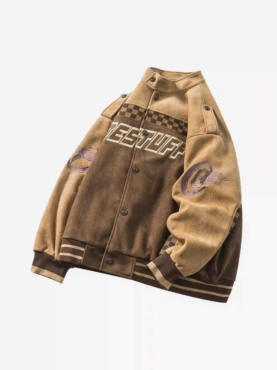 Vintage-inspired jacket by TALISHKO featuring a checkerboard pattern and patchwork design.