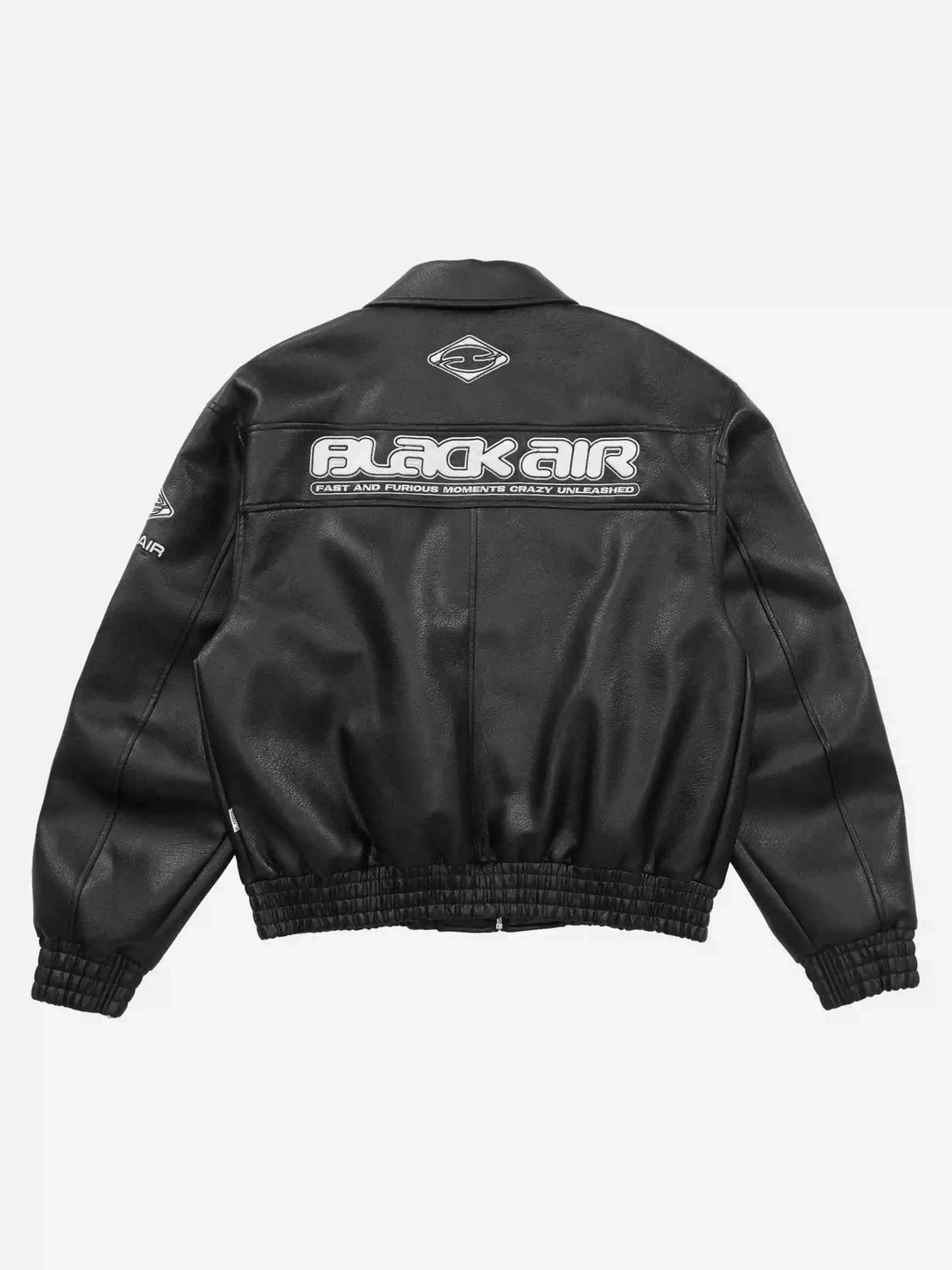 Back view of TALISHKO's black PU leather jacket, featuring bold graphics and streetwear style.