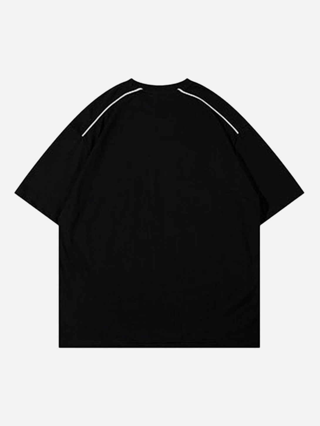 Back view of a black American Vintage T-shirt with stylish white piping, designed by TALISHKO.