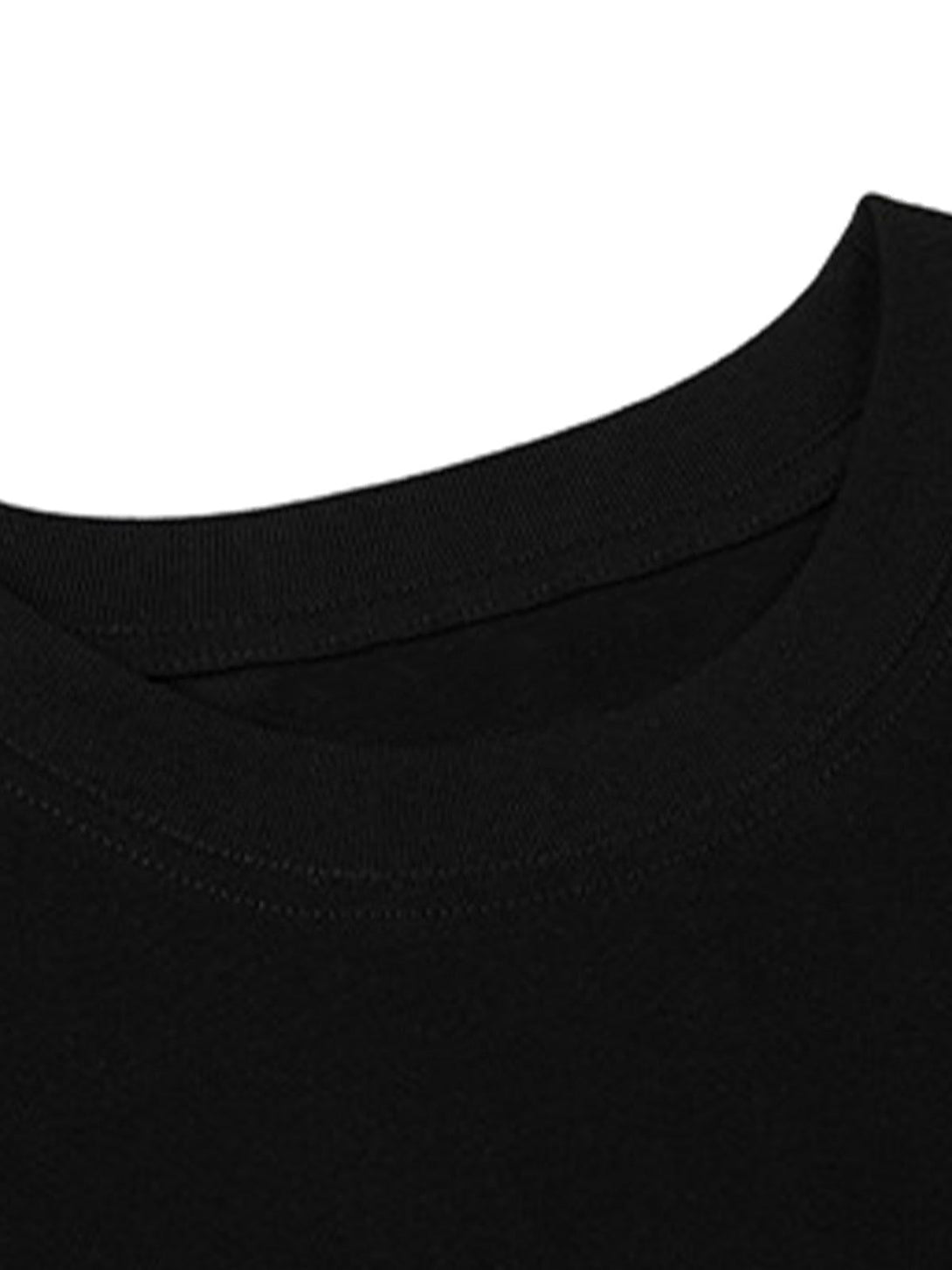 A close-up of TALISHKO's black oversized T-shirt neckline, highlighting quality stitching.