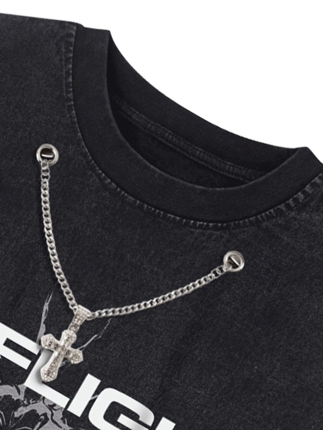 A detailed view of a TALISHKO street rap vest's chain and cross detail, adding edgy style.