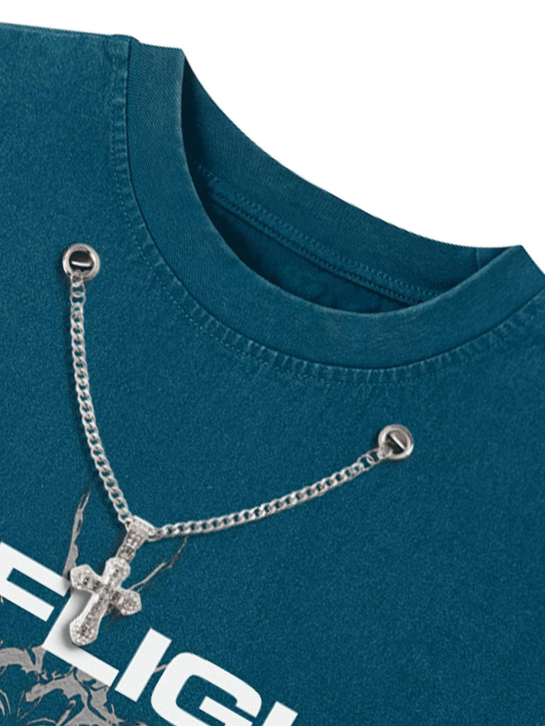 A zoomed-in look at the TALISHKO vest's chain detail, complementing its urban street style.