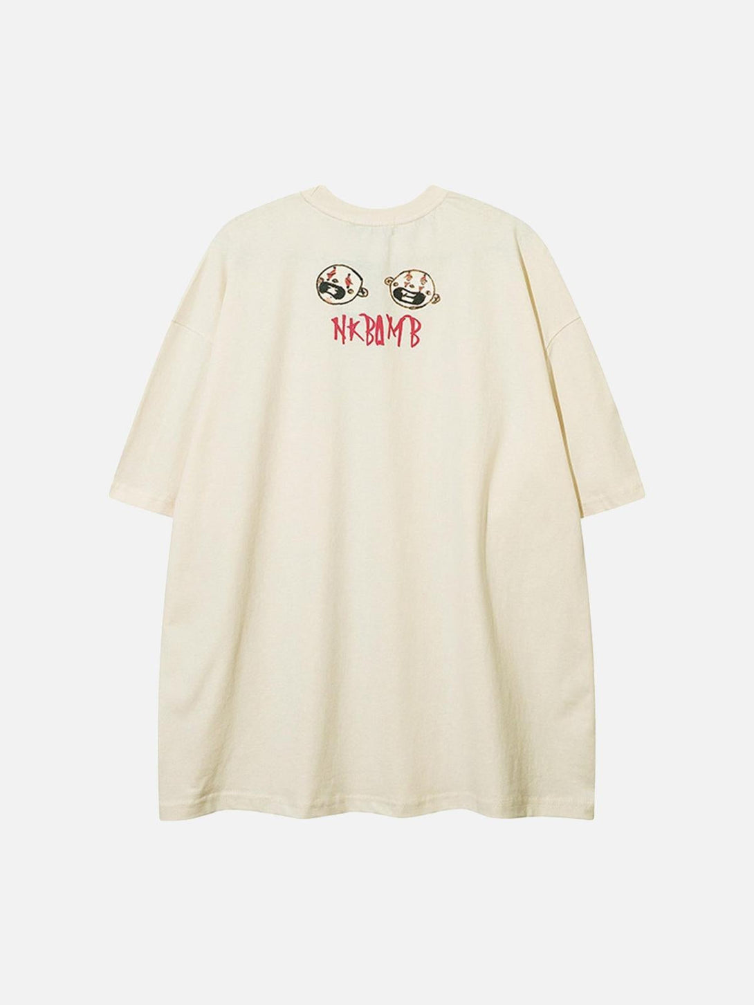 Back view of beige anime character T-shirt by TALISHKO, featuring unique graphic prints.