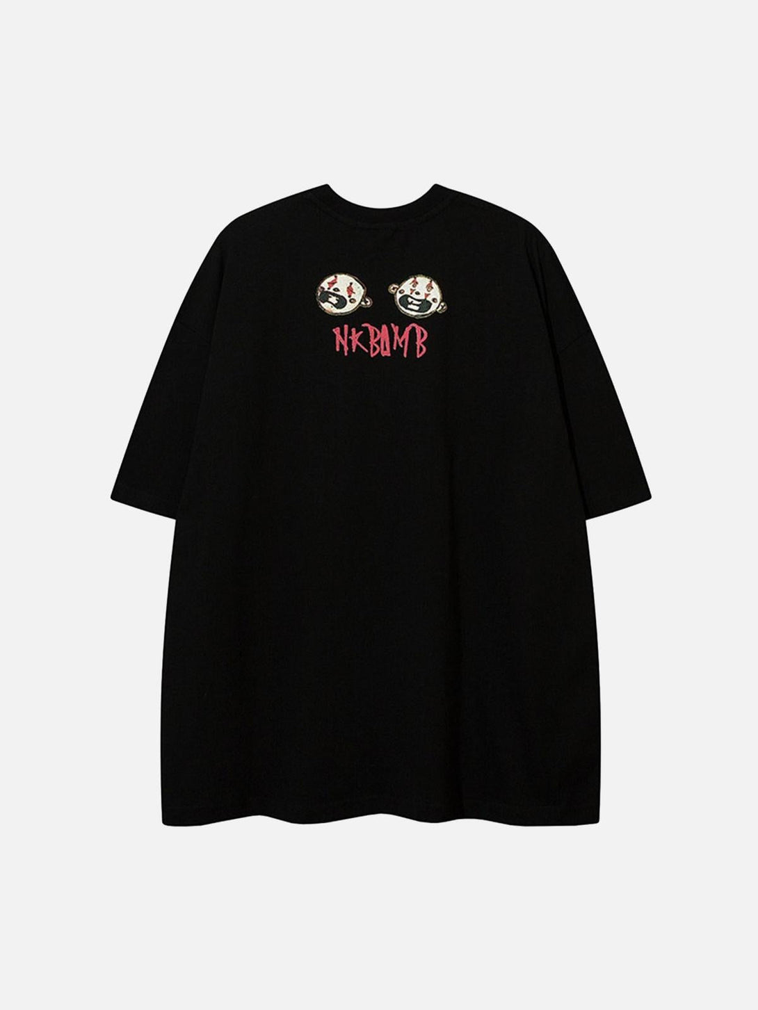 Back view of black anime character T-shirt by TALISHKO, showcasing unique graphic design.