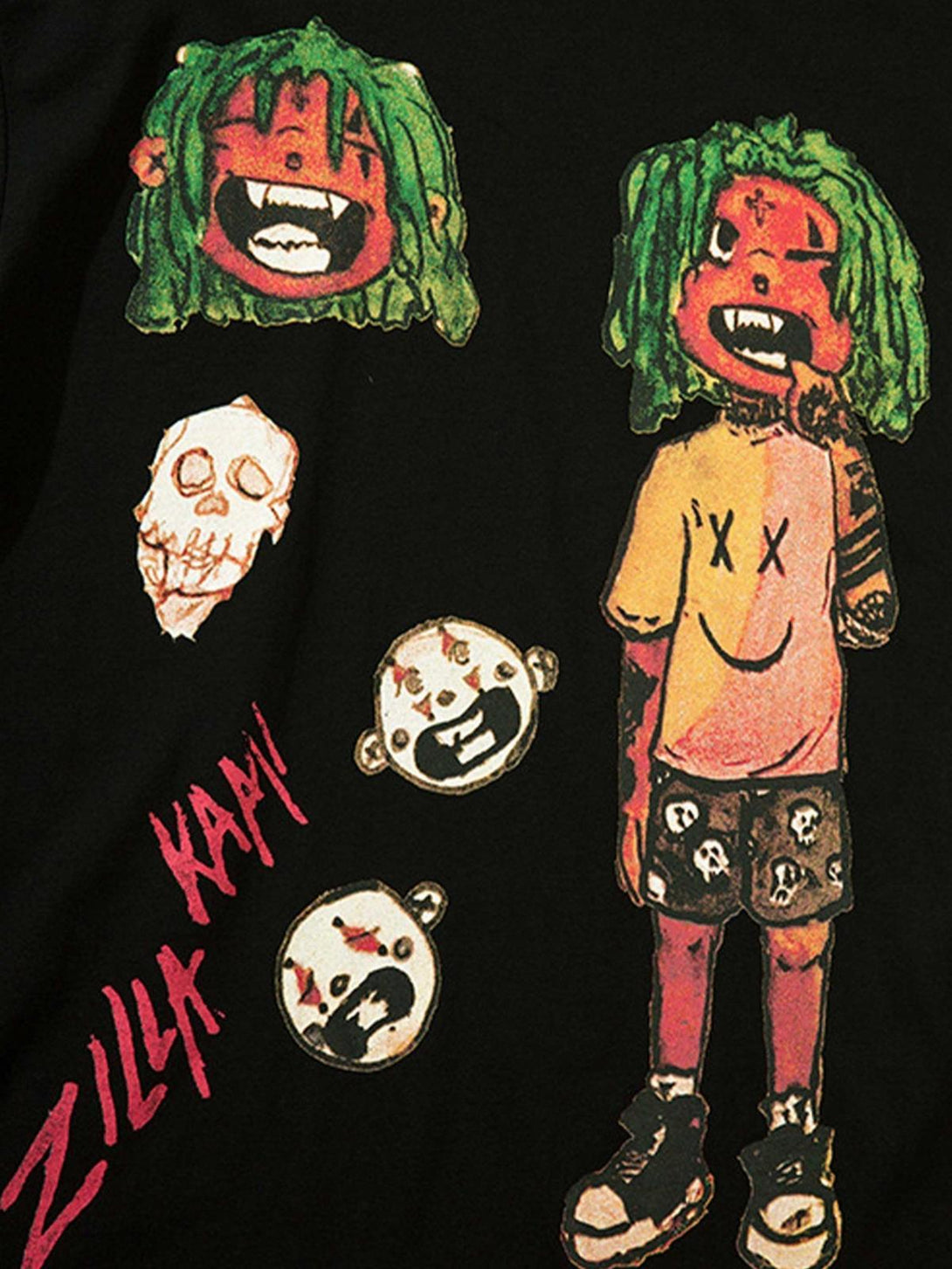 Anime character prints on a black T-shirt by TALISHKO, showcasing bold, creative design.