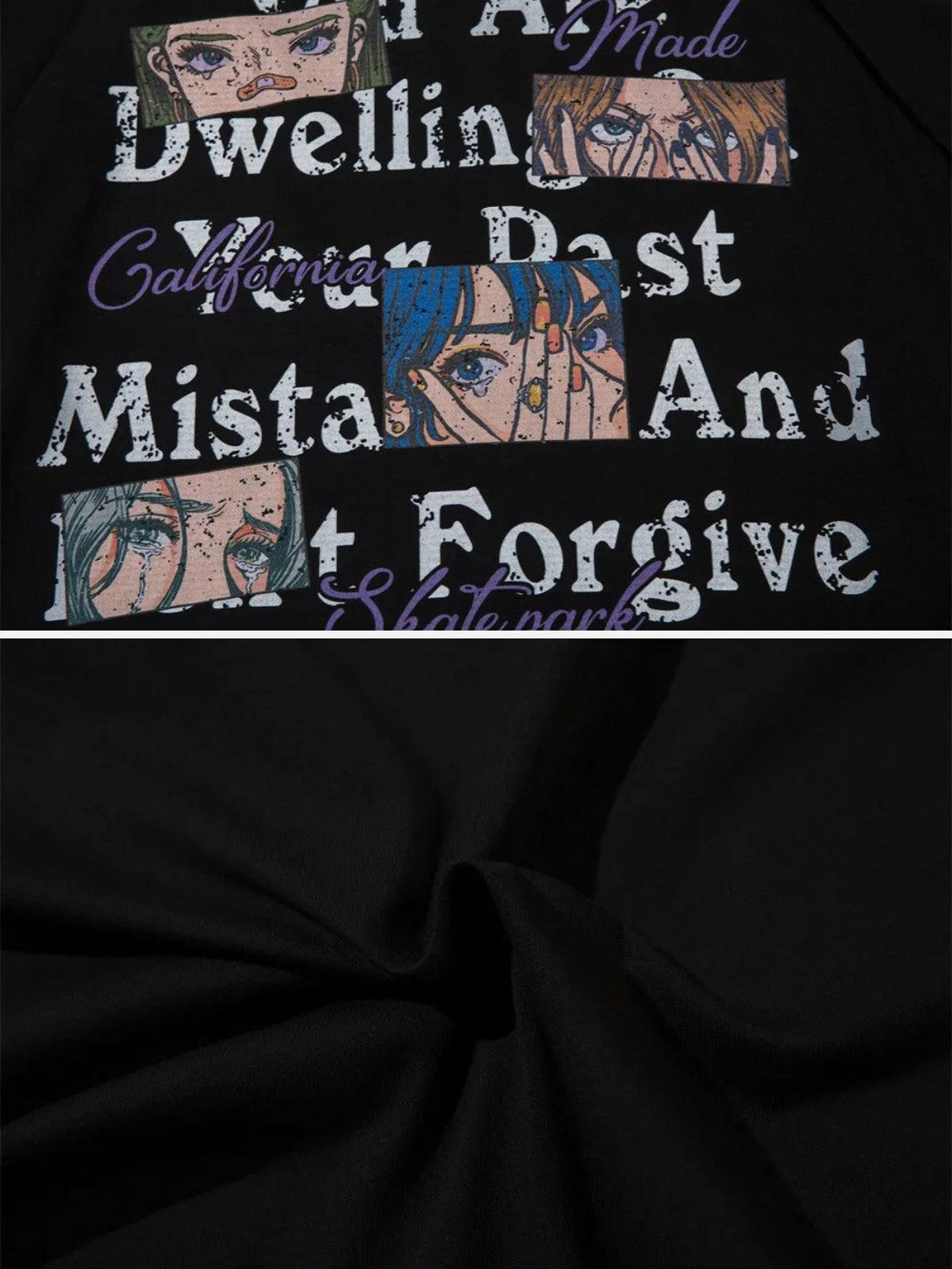 Detailed graphic design on TALISHKO anime eyes tee, showcasing vibrant illustrations and text.