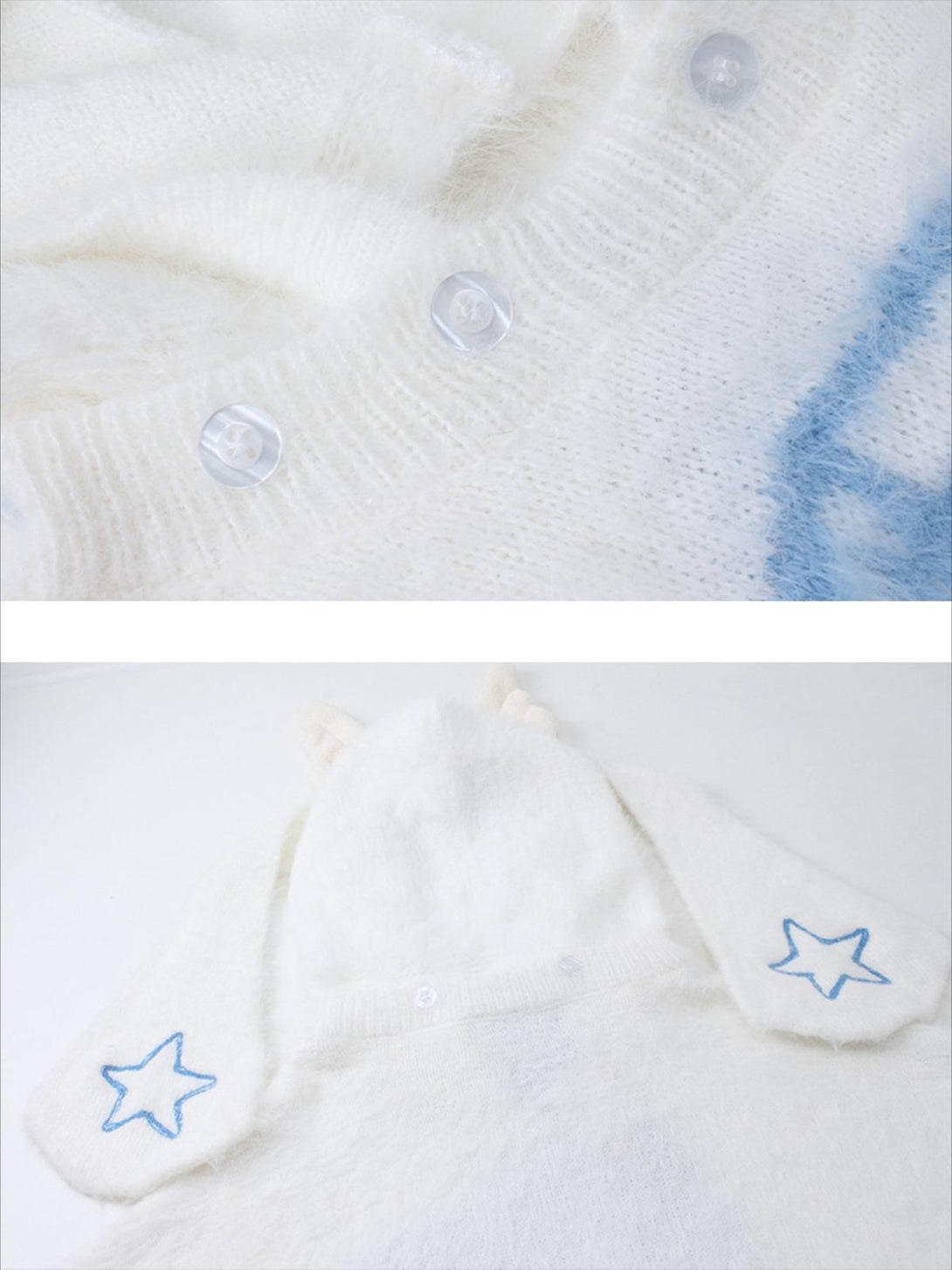 Intricate look at the buttons and star details on a white fur hoodie by TALISHKO.