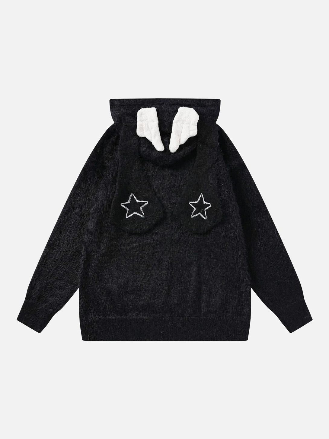 Back view of a black fur hoodie by TALISHKO, featuring whimsical star and ear details.