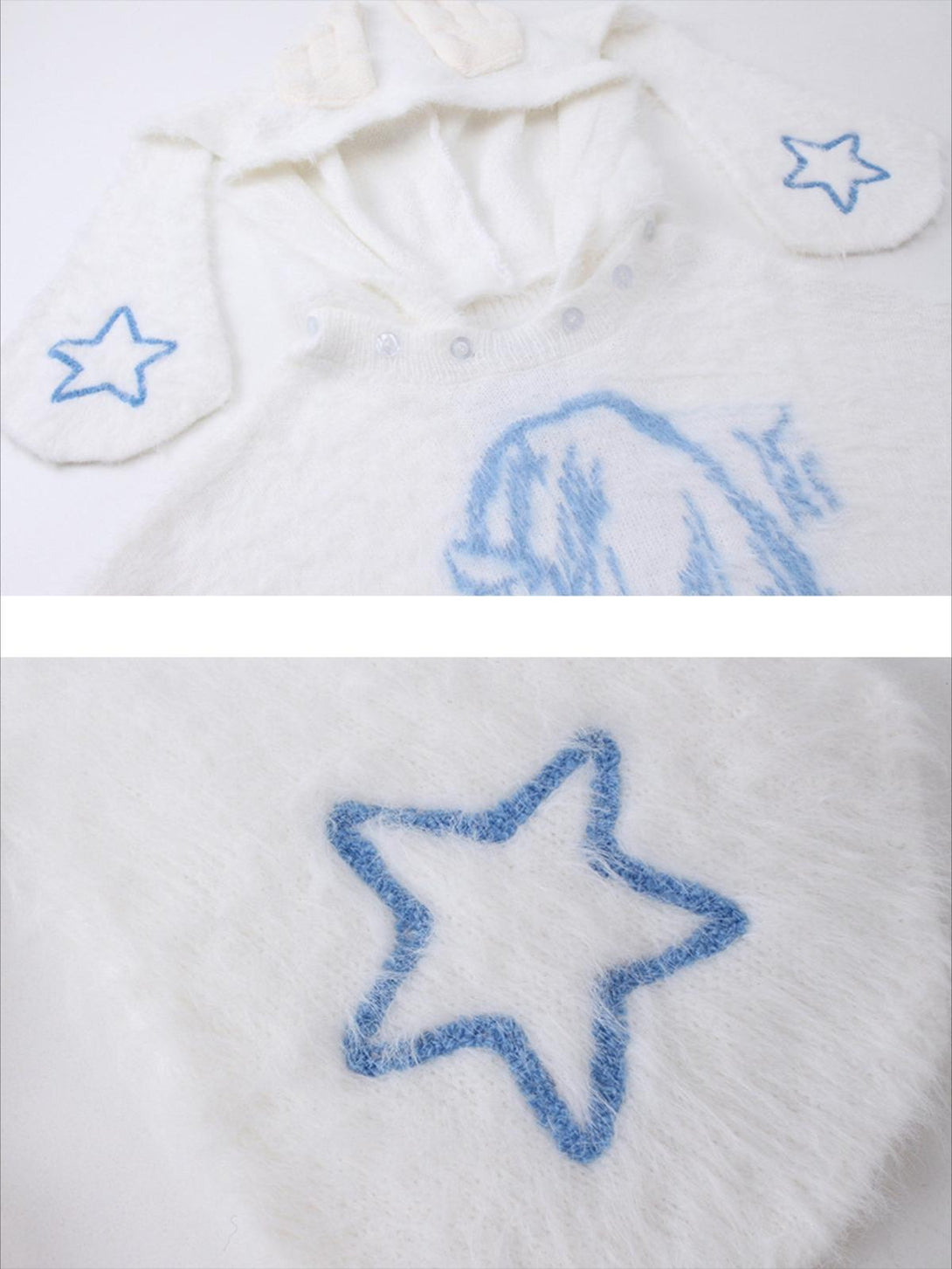 Detailed fabric and star design on a white anime seahorse fur hoodie by TALISHKO.