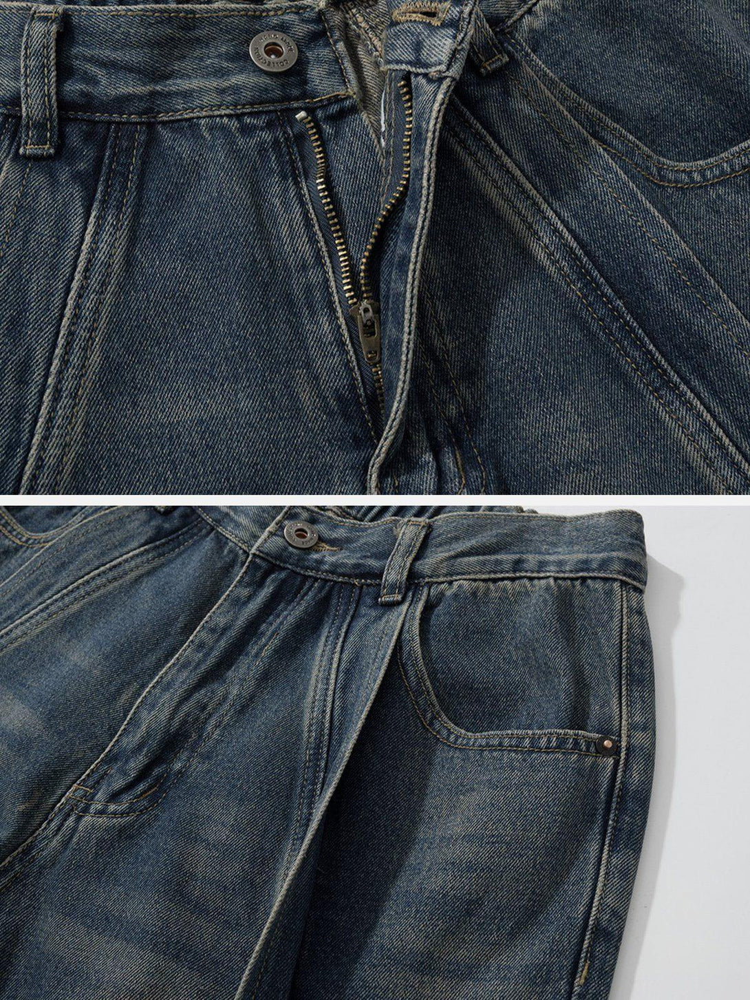 A close-up of TALISHKO arc patchwork jeans, highlighting zipper detail and rich denim texture.
