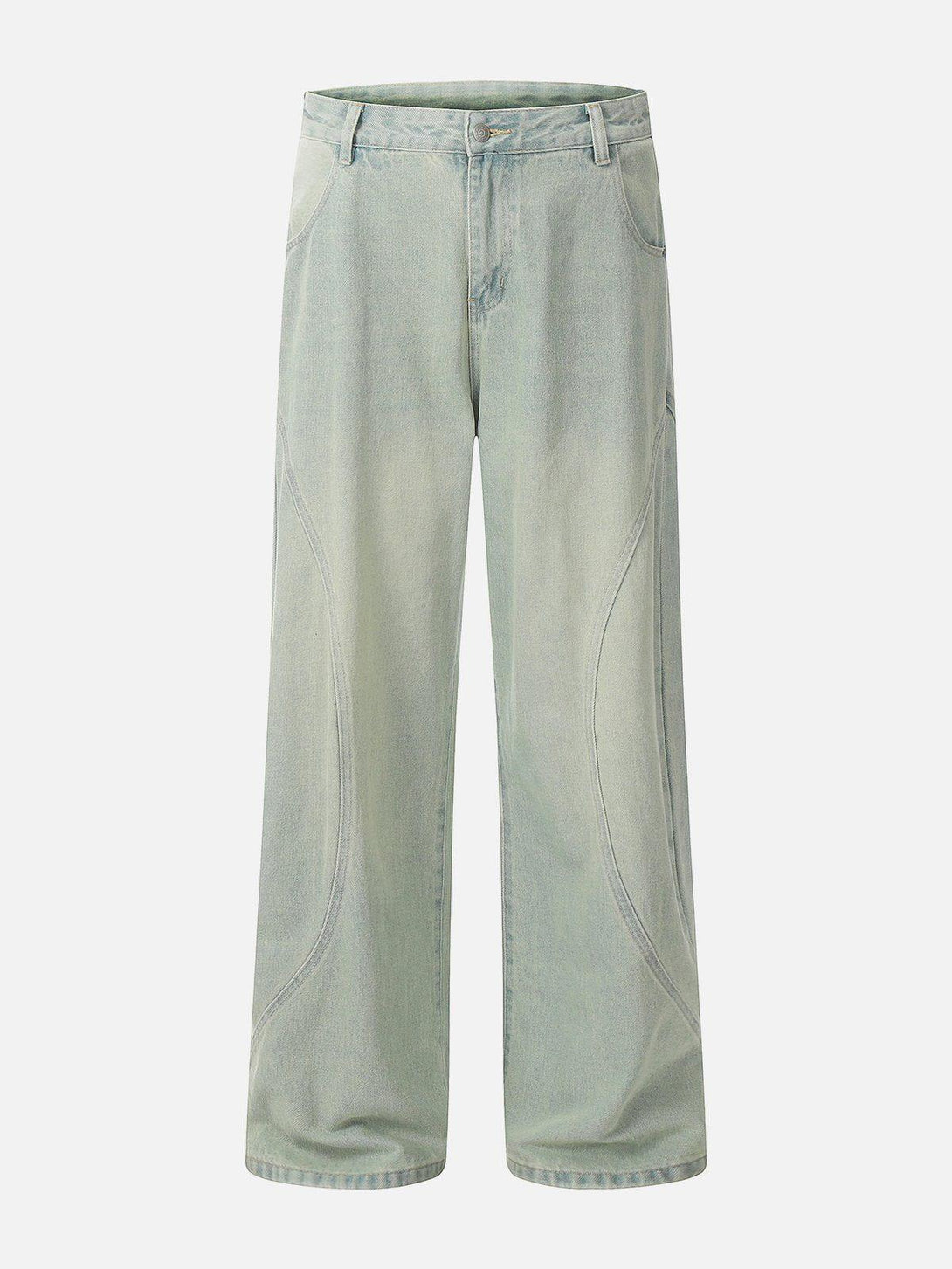 TALISHKO washed loose jeans with unique arc patchwork, offering a relaxed and trendy vibe.