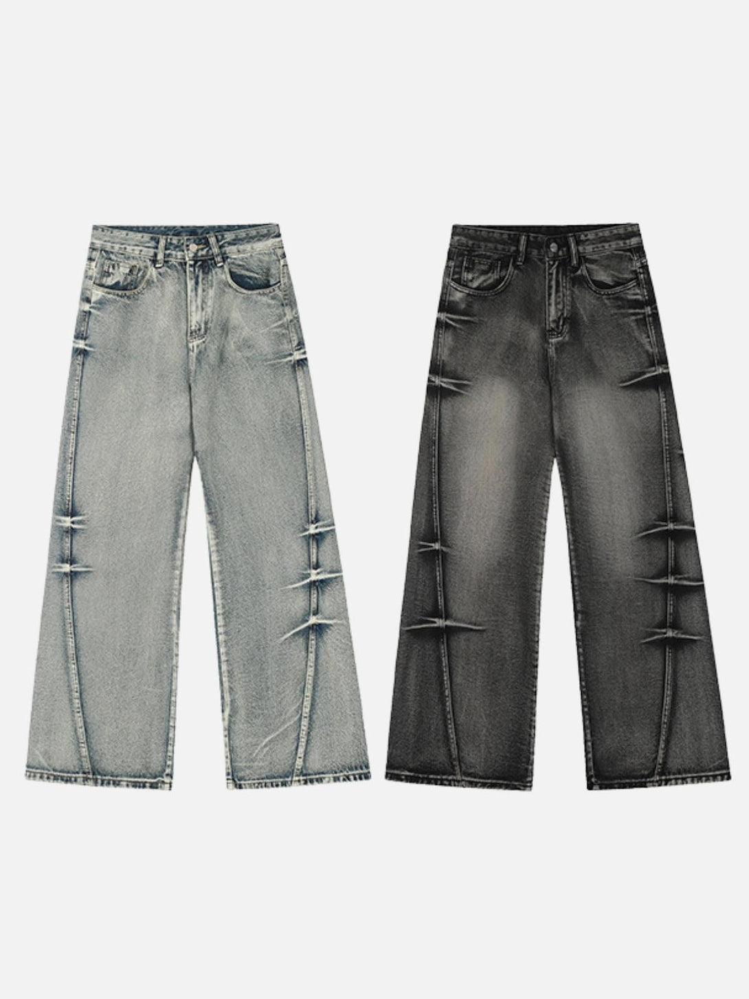 TALISHKO arc-stitched washed jeans in blue and black, showcasing unique stitching details.