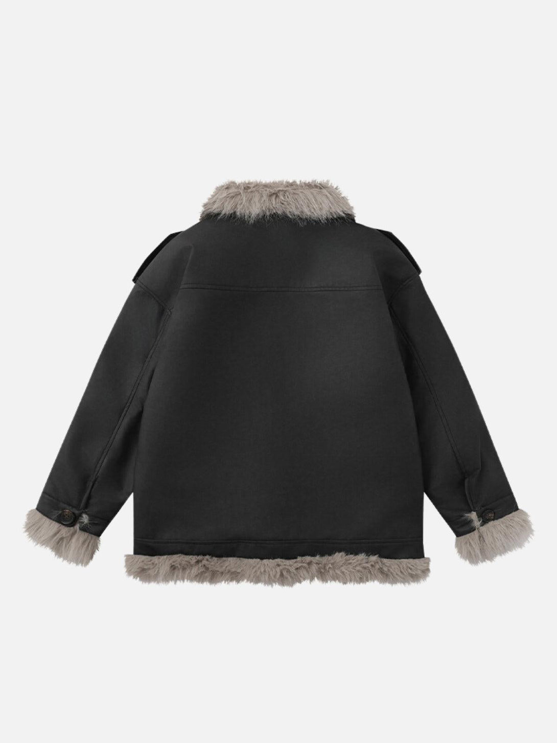 Back view of black Arctic Luxe Jacket by TALISHKO, highlighted with plush faux fur trim.