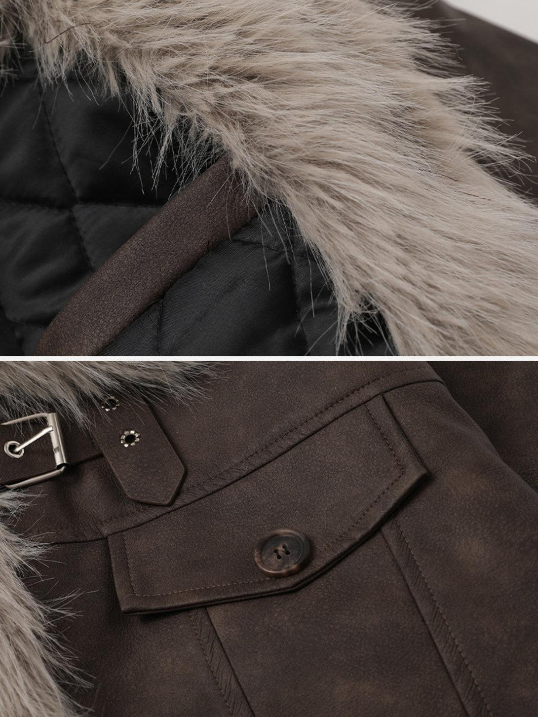 Intricate look at TALISHKO's Arctic Luxe Jacket, showcasing faux fur collar and button detail.